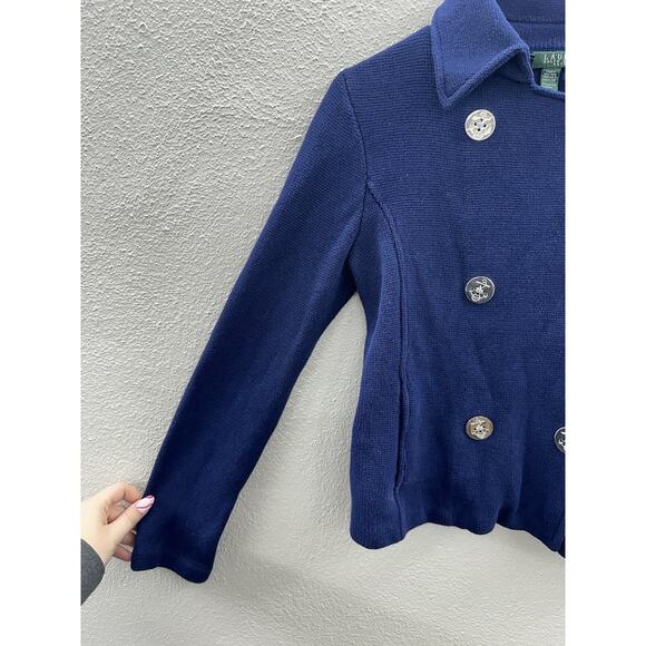 Lauren Ralph Lauren Womens Sweater Petite Medium Blue Double-Breasted Nautical - Picture 2 of 12